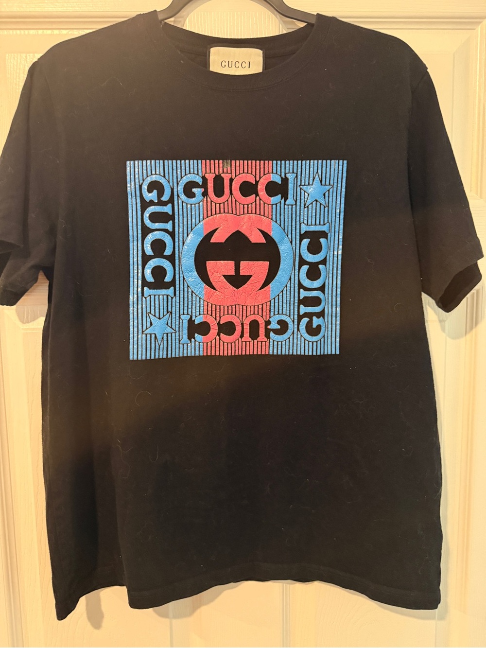 Gucci Black Short-Sleeve Tee with Blue and Red Logo Block
